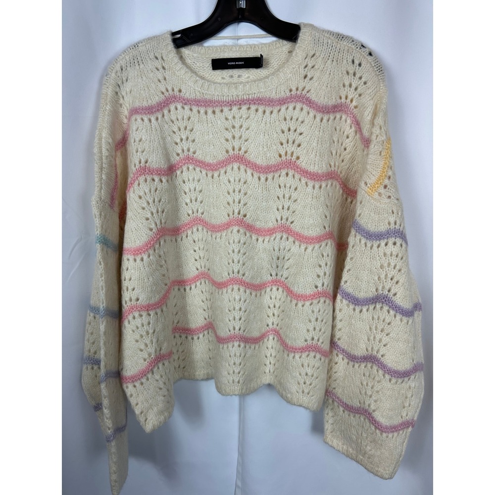 Vero Moda Pastel Wavy Stripe Pointelle Knit Pullover Sweater Cream XL